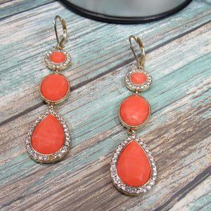 Monet Three Drop Dangle Earrings Coral Color With Rhinestone Accents